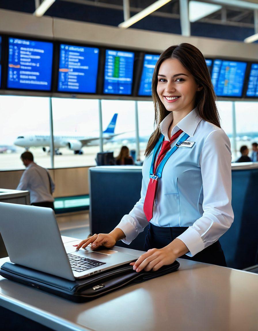 A dynamic scene showcasing a savvy traveler navigating through a bustling airport with digital flight information displays and airplanes in the background. Include elements like a laptop open with flight insights, a checklist of airport hacks, and a friendly airline staff member assisting. The atmosphere should be vibrant and energetic, with a mix of modern architecture and high-tech gadgets. super-realistic. vibrant colors. 3D.
