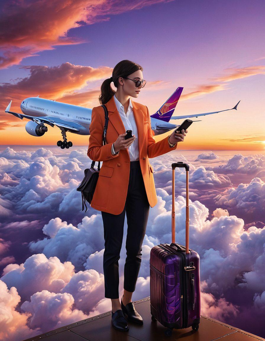 A sleek airplane soaring above majestic clouds, with a vibrant sunset casting warm hues on the scene. In the foreground, a stylish traveler checking their phone for flight updates, surrounded by travel essentials like a globe, passport, and luggage. The image invokes a sense of adventure and exploration in the world of air travel. super-realistic. vibrant colors. dynamic sky.