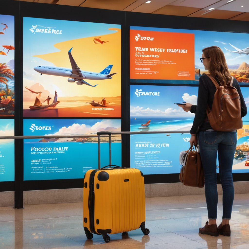 A savvy traveler with a suitcase, excitedly browsing through colorful airline promotion posters in an airport lounge, surrounded by other travelers. In the background, a large digital display shows various flight destinations and discounts. Bright, inviting colors highlight the essence of travel and adventure, capturing an atmosphere of opportunity and excitement. super-realistic. vibrant colors. 3D.